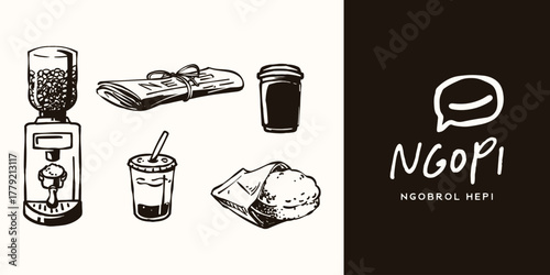 Illustration and logo element for coffee product and cafe. With morning routine drink, hanging out and chatting place with friends theme scene. Include some creative illustration for menu & poster set