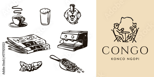 Illustration and logo element for coffee product and cafe. with morning routine coffee drink theme scene. Include some creative illustration element for menu & poste. dog, newspaper, espresso machine