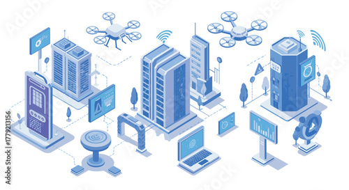 Futuristic smart city concept with isometric design and technology integration