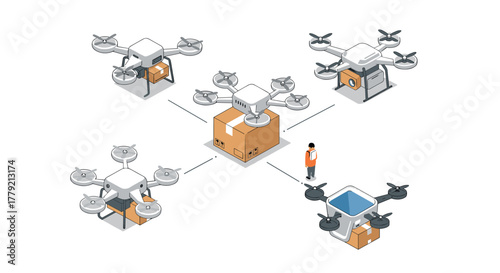 Isometric drone delivery network with package and worker interaction