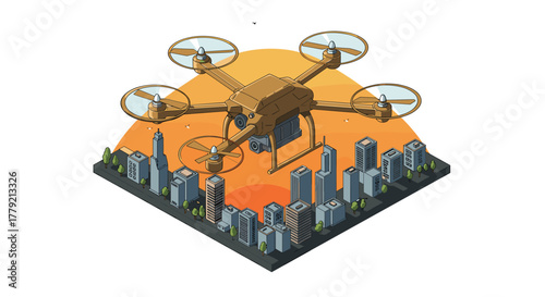 Futuristic drone flying over a cityscape at sunset in isometric style