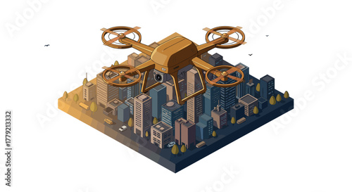 Futuristic orange drone hovering over isometric cityscape at sunset