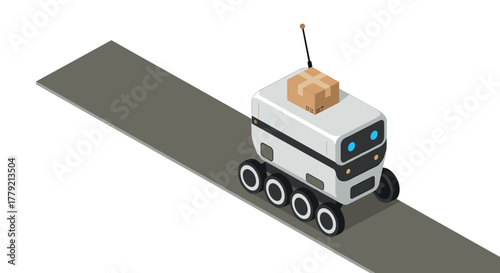 Autonomous delivery robot on road with package in isometric style