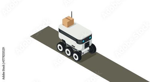 Autonomous delivery robot on path with cardboard package in isometric design