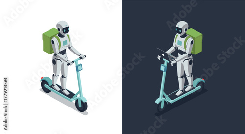 Isometric robot commuting on electric scooter day and night concept