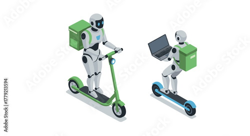 Futuristic robots on scooters with delivery backpacks and laptops in isometric style
