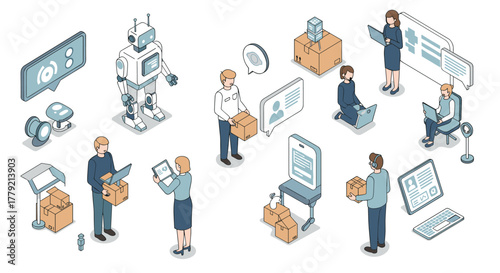 Modern isometric office scene with technology and communication elements
