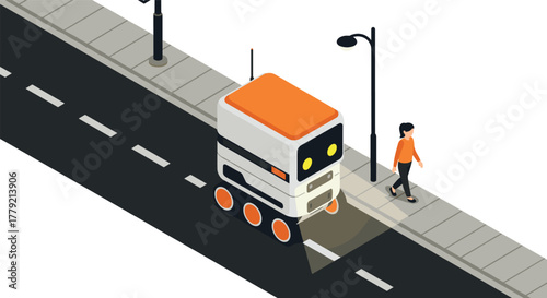 Autonomous delivery robot on urban sidewalk in modern isometric design