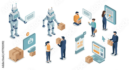 Robotic interaction in ecommerce isometric scene with robots and people