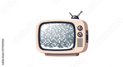 Vintage television with static screen and antenna on top against a white background in a flat lay composition.