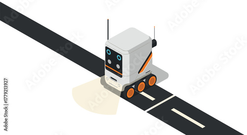 Autonomous delivery robot on roadway with modern isometric design