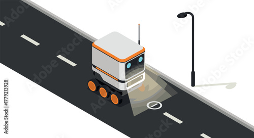 Autonomous delivery robot on urban street in isometric design