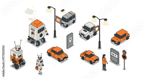 Futuristic cityscape with autonomous cars and robots in isometric design