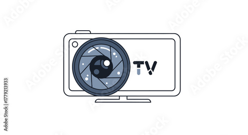 A line drawing of a camera lens on a TV screen with a simple black outline on a white background.