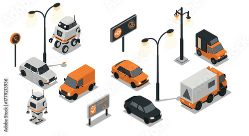 Isometric urban transport scene with futuristic robots and vehicles