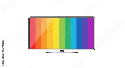 Flat-screen television displaying a vibrant rainbow-colored screen on a plain white background.