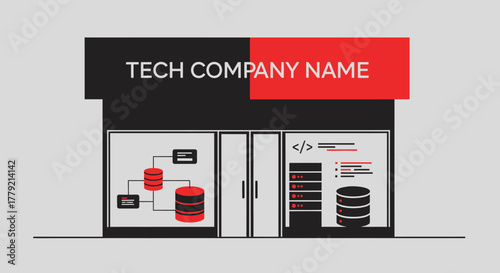 Illustration of a modern tech company storefront displaying database and coding graphics in its windows.