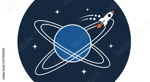 A stylized illustration of a rocket launching into space, orbiting a blue planet with rings, set against a dark blue starry background.