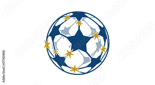 A stylized soccer ball with blue and white panels adorned with golden stars on a white background.