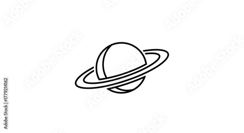 Simple black and white line drawing of a planet with rings, isolated on white background.