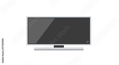 Flat-screen television with sleek design and black screen on a white background.