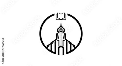 A minimalist black and white logo of a church and an open book inside a circle.