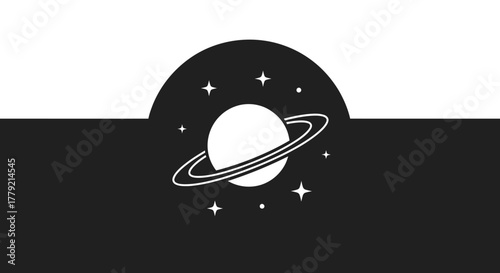 A minimalist black and white flag design featuring a stylized planet with rings and stars against a split background.