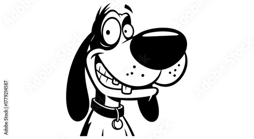 A black and white cartoon illustration of a happy dog's head with a wide smile, big nose, and floppy ears, wearing a collar.