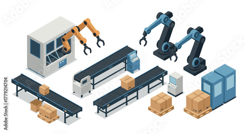Isometric robotic automation in modern manufacturing with conveyor belts and packages