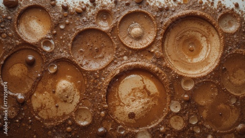 Abstract Close-Up of Bubbles and Textures in Brown Liquid Creating Unique Organic Patterns