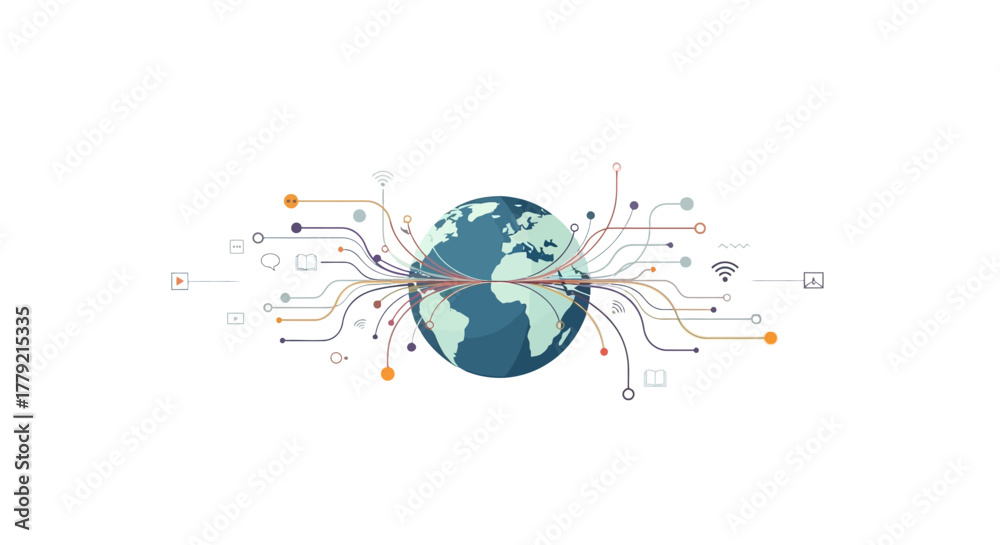 Obraz premium Illustration of a globe with multicolored lines and nodes radiating from it, symbolizing global connections and networks on a white background.