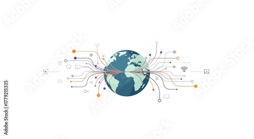 Illustration of a globe with multicolored lines and nodes radiating from it, symbolizing global connections and networks on a white background.
