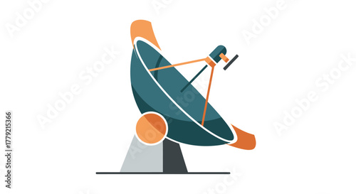 Illustration of a satellite dish with a person adjusting it on a stand against a plain white background with a modern feel.