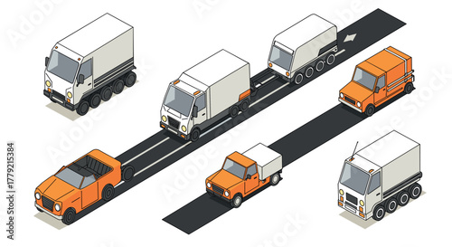 Isometric transportation vehicles on road trucks, cars, and trailers in motion