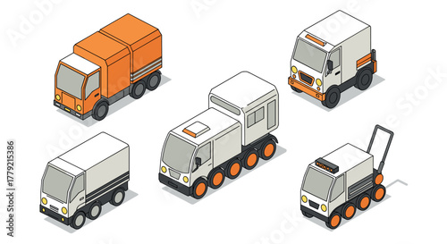 Isometric utility vehicles set diverse urban and industrial transport designs