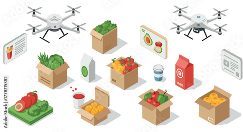 Isometric drone delivery of fresh produce and groceries in ecofriendly packaging