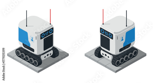 Autonomous delivery robots on pavement in modern isometric design