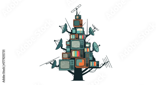 Illustration of a tree with a trunk and branches made of various electronic devices and antennas on a white background.