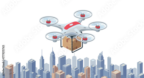 Futuristic drone delivering package over urban skyline in isometric style