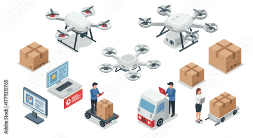 Isometric drone delivery concept with packages and technology elements