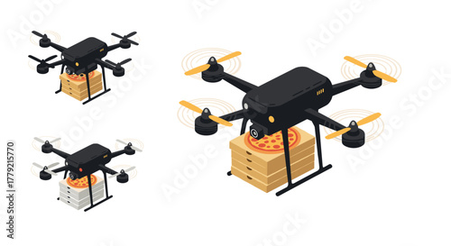 Isometric drone pizza delivery with multiple design variations