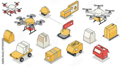 Isometric delivery technology and logistics drones with packages and vehicles