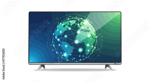 Modern flat-screen television displaying a blue and green globe graphic on a white background with sleek legs.