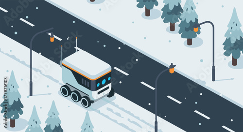 Autonomous delivery robot navigating snowy winter roads with streetlights and fir trees in isometric style