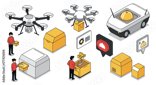Isometric delivery technology with drones and autonomous vehicles
