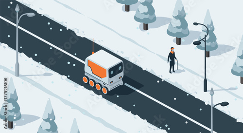 Autonomous delivery robot navigates snowy winter road with pedestrian nearby in isometric style