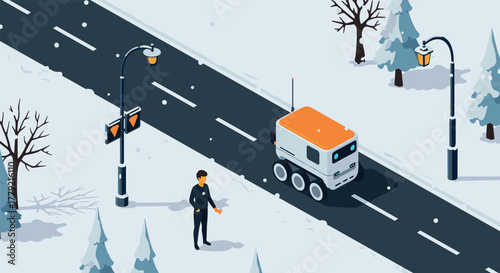 Winter urban scene with autonomous delivery robot on snowy road