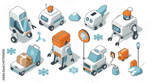Futuristic winter robots and vehicles in isometric style with snow elements