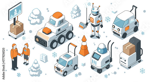 Futuristic delivery solutions with robots and autonomous vehicles in winter landscape