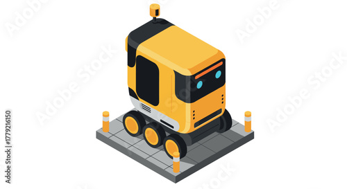 Isometric autonomous delivery robot on city sidewalk with bollards